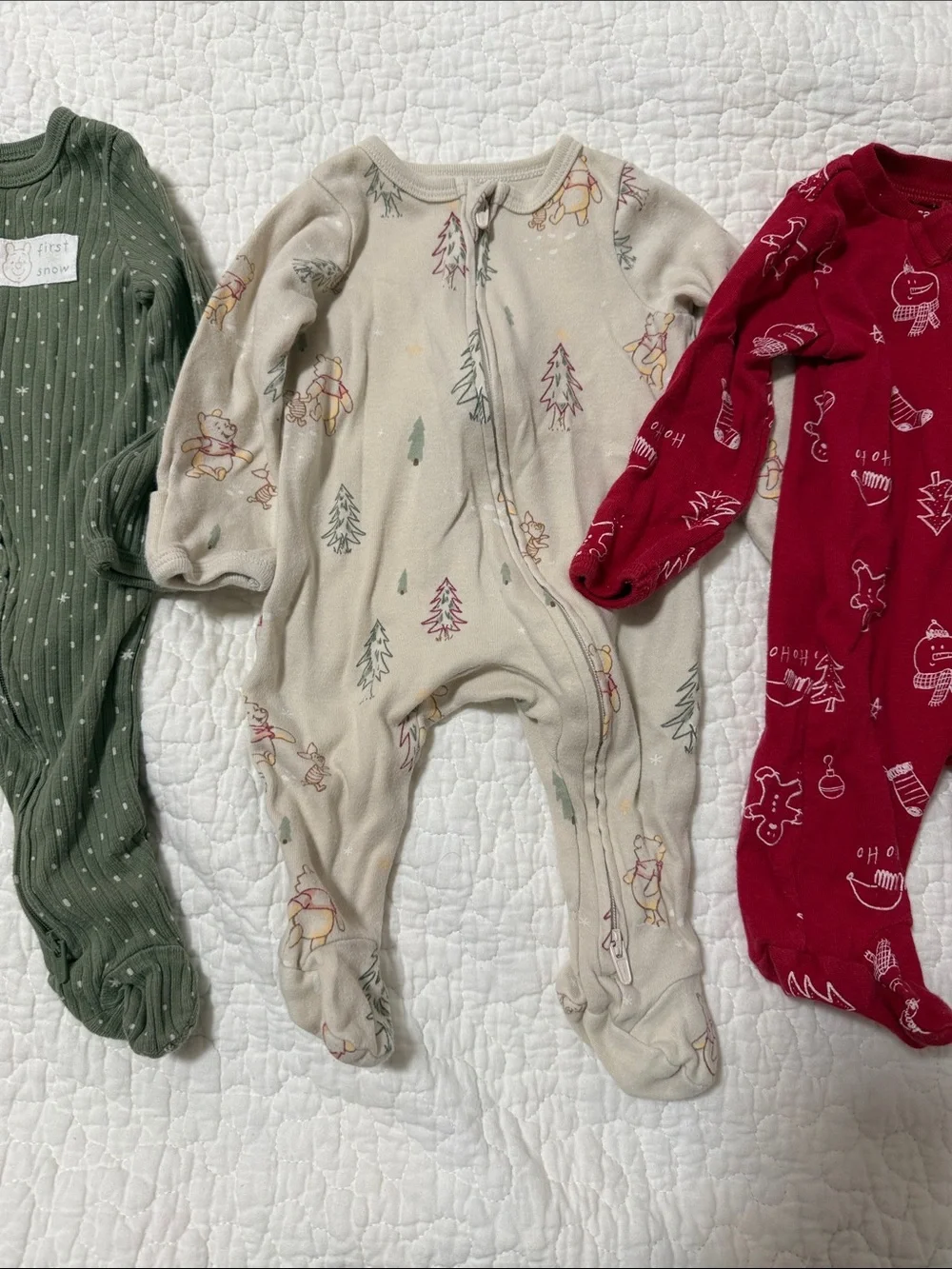 cloud island Three-Pack Footed One-Pieces in Olive, Cream, and Red